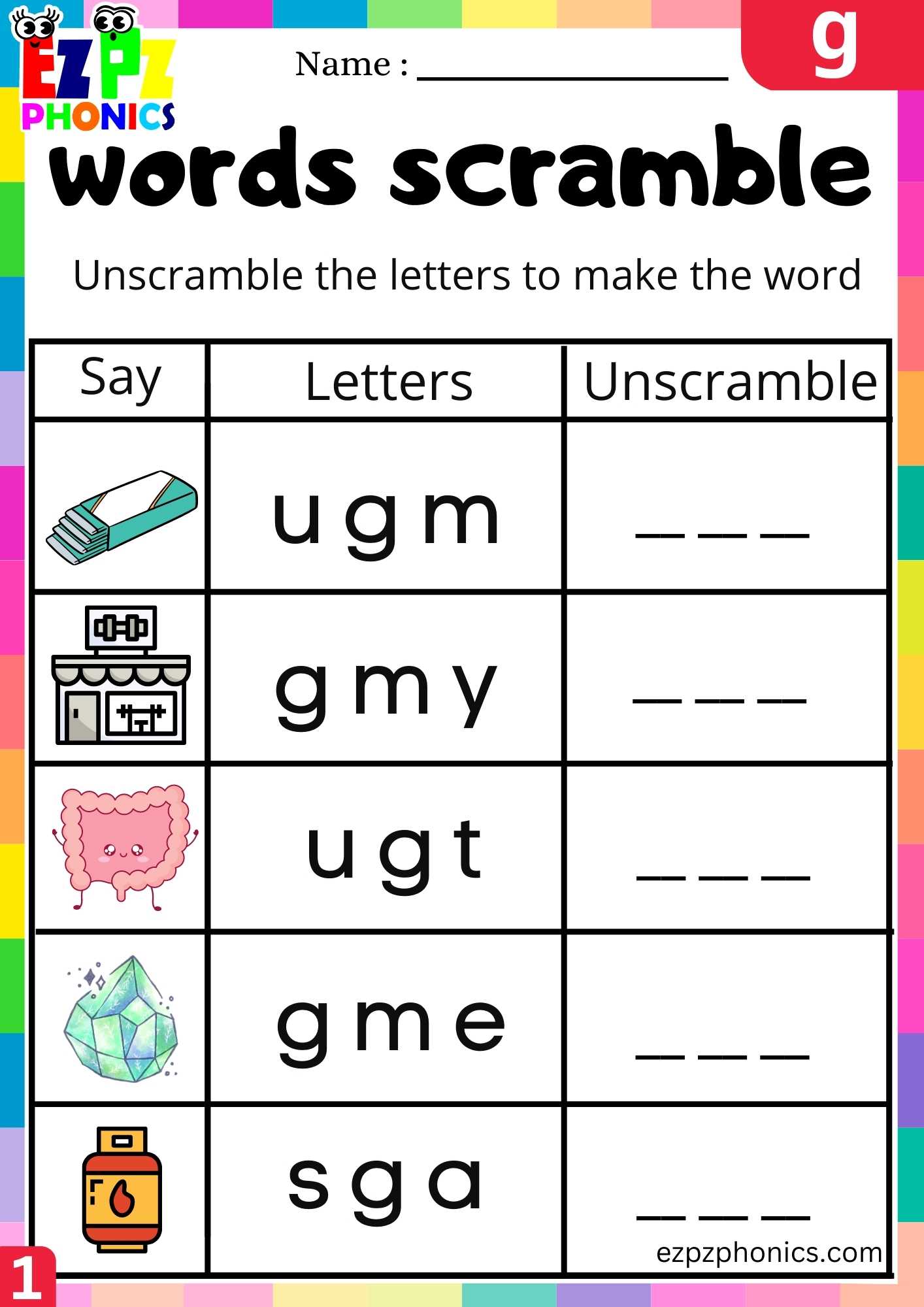Letter G Words Scramble Beginning Sounds Worksheet